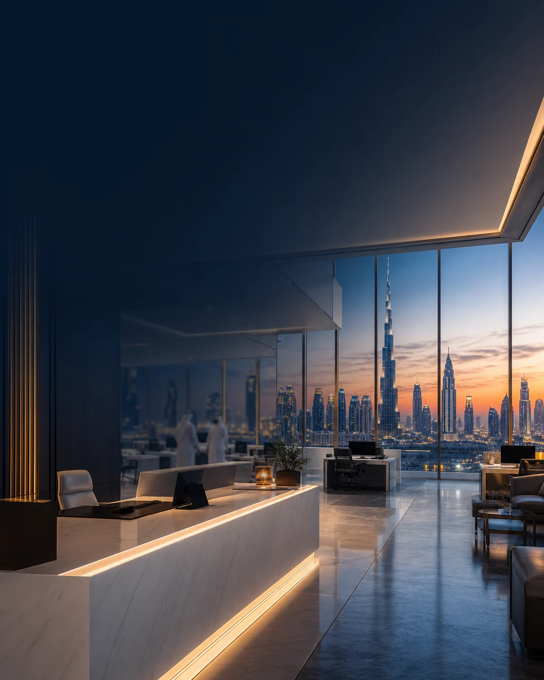 Modern UAE service center office overlooking the Dubai skyline